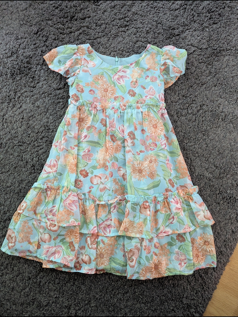 Girls Floral Ruffle Dress - Light Blue & Peach